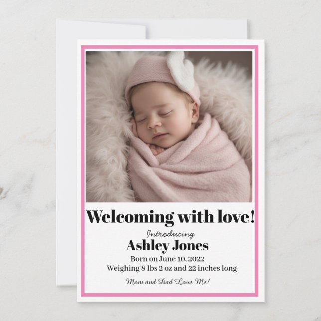 Convite Baby Girl Welcome with Love Card (Frente)