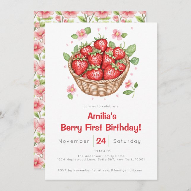 Convite Baby Girls Strawberry Berry First Birthday  (Frente/Verso)