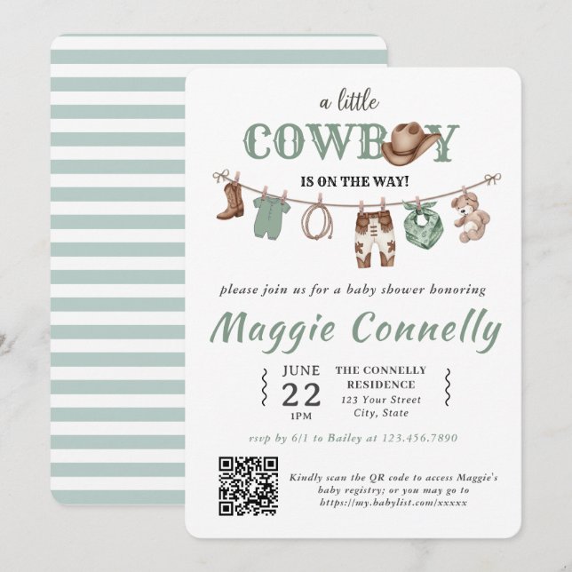 Convite Baby Green Little Cowboy is on the Way Invitation (Frente/Verso)