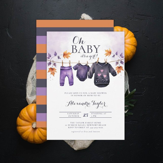 Convite "Baby Halloween Fall Out Clothes Girl Chá" (october baby shower ideas clothesline invitation halloween novermber fall leaves purple black)