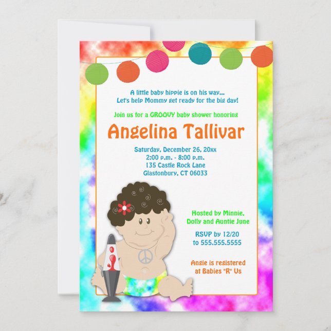 Convite Baby Hippie 60s 70s Groovy Chá de fraldas (Frente)