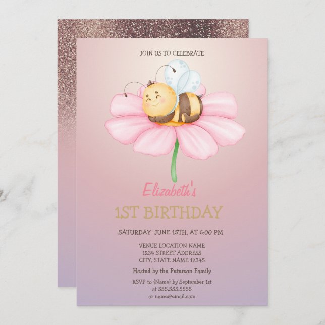 Convite Baby Honey Bee Glitter Birthday (Frente/Verso)