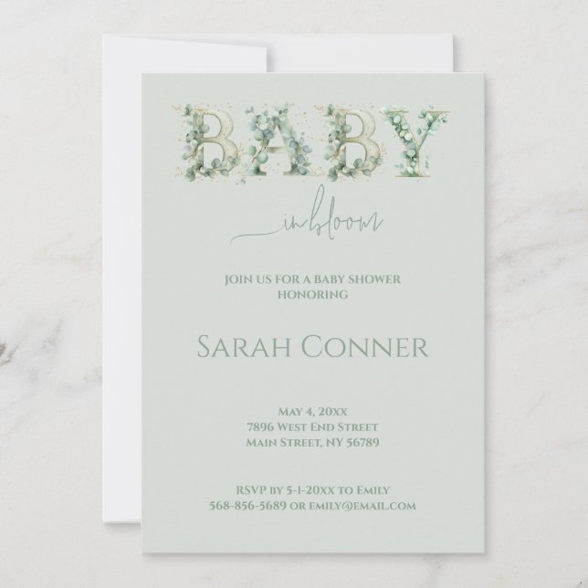 Convite Baby in Bloom Baby Shower Eucalyptus Invitation (Frente)