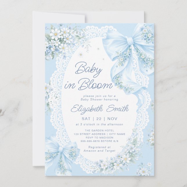 Convite Baby in Bloom Blue Bow Floral Boy Baby Shower (Frente)