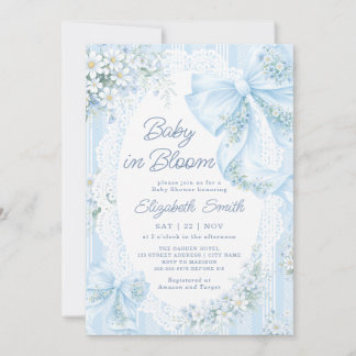 Convite Baby in Bloom Blue Bow Floral Lace Baby Shower