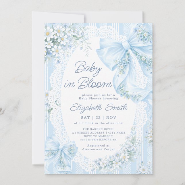 Convite Baby in Bloom Blue Bow Floral Lace Baby Shower (Frente)
