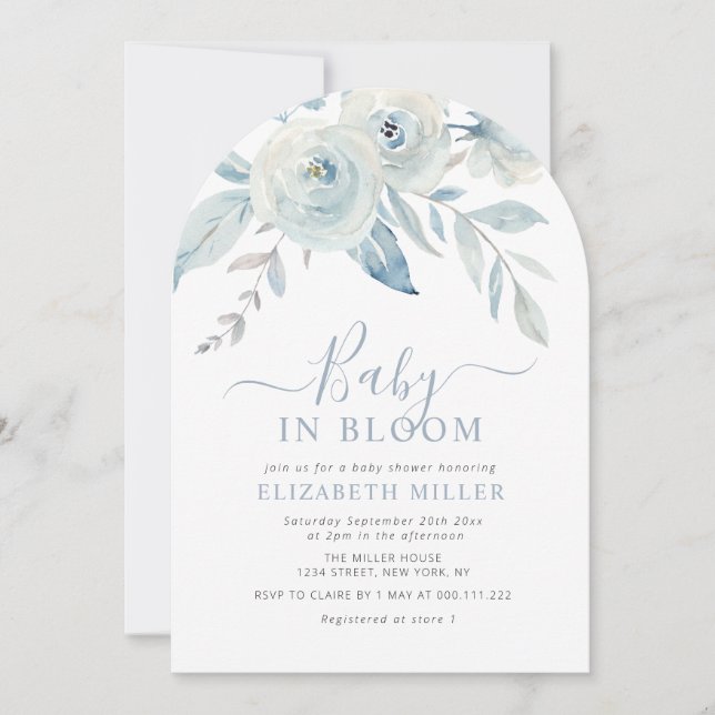 Convite Baby in bloom blue floral baby shower (Frente)