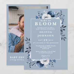 Convite Baby In Bloom Blue Floral Photo QR Chá de fraldas