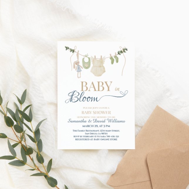 Convite Baby in Bloom Blue Greenery Clothesline Botanical  (Criador carregado)
