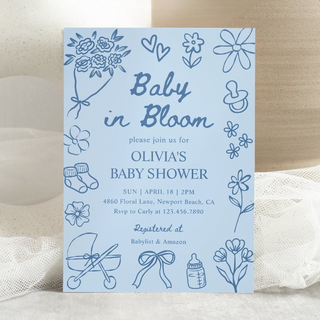 Convite Baby in Bloom Blue Hand Drawn Boy Baby Shower (Criador carregado)