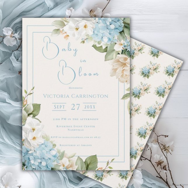 Convite Baby in Bloom Blue Hydrangea Shower Invitation (Criador carregado)