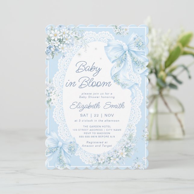 Convite Baby in Bloom Bow Blue Floral Boy Baby Shower (Em pé/Frente)