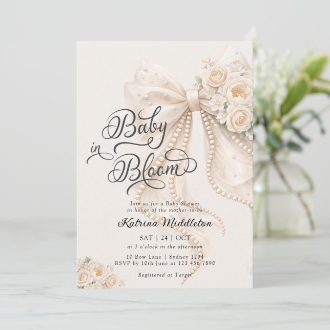 Convite Baby in Bloom Bow Girl Baby Shower (Em pé/Frente)