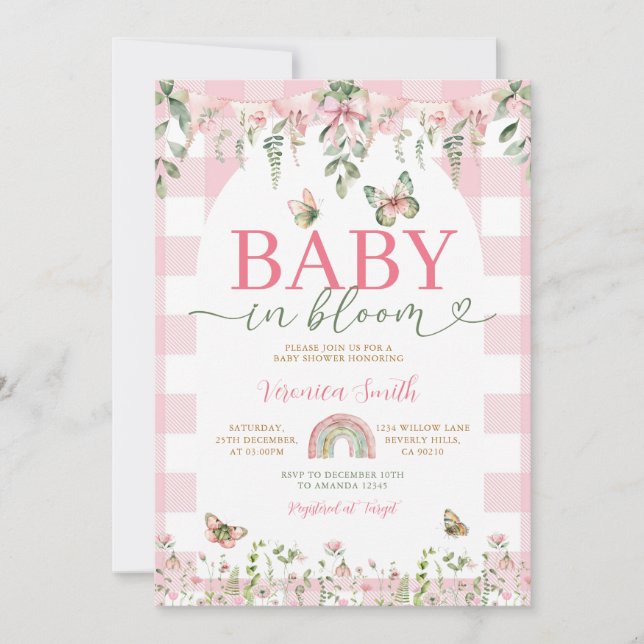 Convite Baby in Bloom Butterfly Pink Bow Baby Shower (Frente)