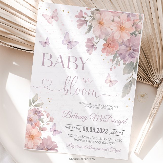Convite Baby in Bloom Butterfly Wildflower Baby Shower  (Babby in Bloom Butterfly Baby Shower Invitation  Pink Purple Butterflies Wildflower Garden )
