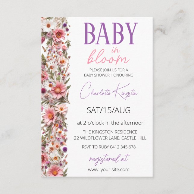 Convite Baby in Bloom, Chá de Bebê de Flores Silve (Frente)