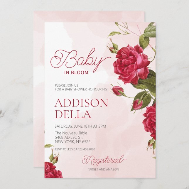 Convite Baby In Bloom Chá de fraldas Flor De Verão (Frente/Verso)