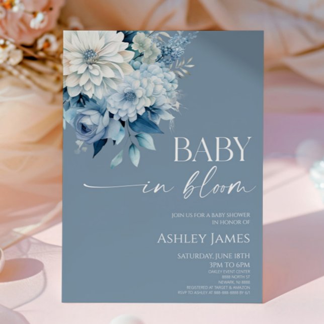 Convite Baby In Bloom Dusty Blue Floral Baby Shower (Criador carregado)