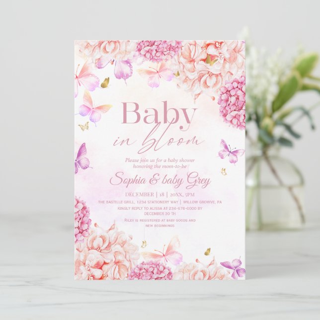 Convite Baby in Bloom Floral Blush pink gold Baby Shower (Em pé/Frente)
