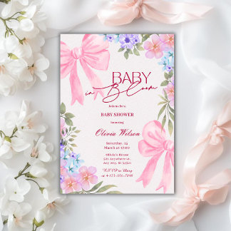 Convite Baby in Bloom Floral Pink Bow girl baby Shower