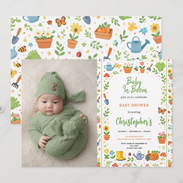 Convite Baby in Bloom Garden Baby Shower | Cute Floral  (Frente/Verso)