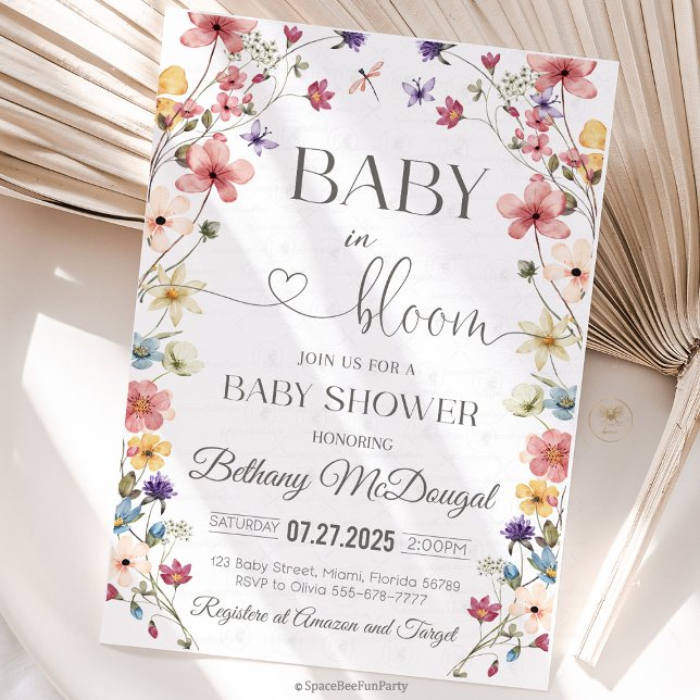 Convite Baby in Bloom Garden Wildflower Baby Shower (A beautiful Baby in Bloom Garden Wildflower Baby Shower Invitation featuring delicate wildflowers an)