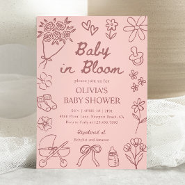Convite Baby in Bloom Pink Hand Drawn Girl Baby Shower