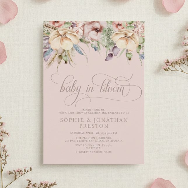 Convite Baby In Bloom QR Pink Wildflower Baby Shower (Criador carregado)