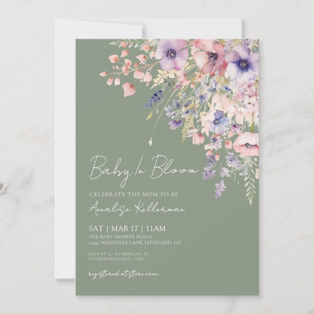 Convite Baby In Bloom Sage Green Baby Shower (Frente)
