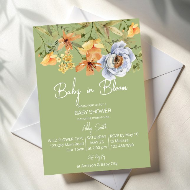 Convite Baby in bloom sage green baby shower  (Baby in bloom sage green yellow blue wild flowers summer baby shower invitation cards template)