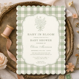 Convite Baby in Bloom Sage Green Gingham Baby Shower