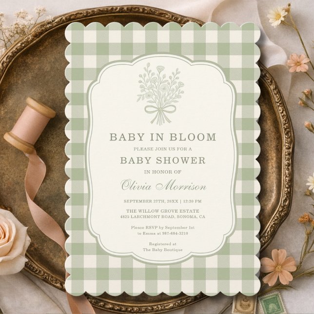 Convite Baby in Bloom Sage Green Gingham Baby Shower (Criador carregado)