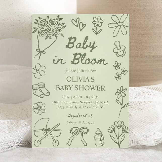 Convite Baby in Bloom Sage Green Hand Drawn Baby Shower (Criador carregado)