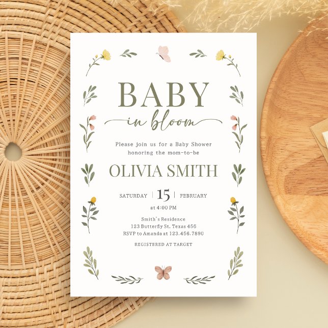 Convite Baby in Bloom Wildflower Baby Shower (Minimalist Baby in Bloom Baby Shower Invitation)