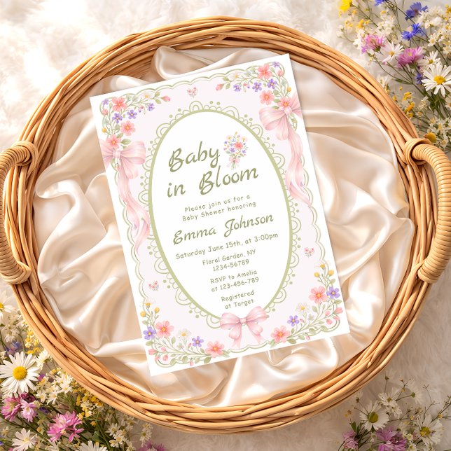Convite Baby in Bloom Wildflower Bow Girl Baby Shower (Criador carregado)
