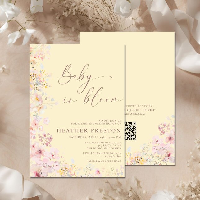 Convite Baby In Bloom Wildflower QR Yellow Baby Shower (Criador carregado)
