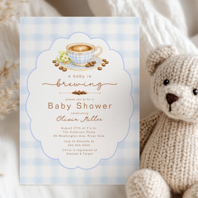 Convite Baby Is Brewing Blue Coffee Baby Shower Invite (Criador carregado)