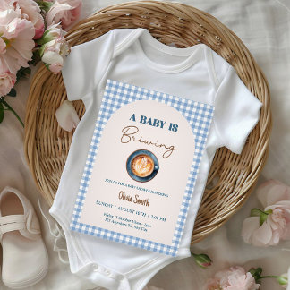 Convite Baby is Brewing Coffee Baby Shower Blue Gingham 