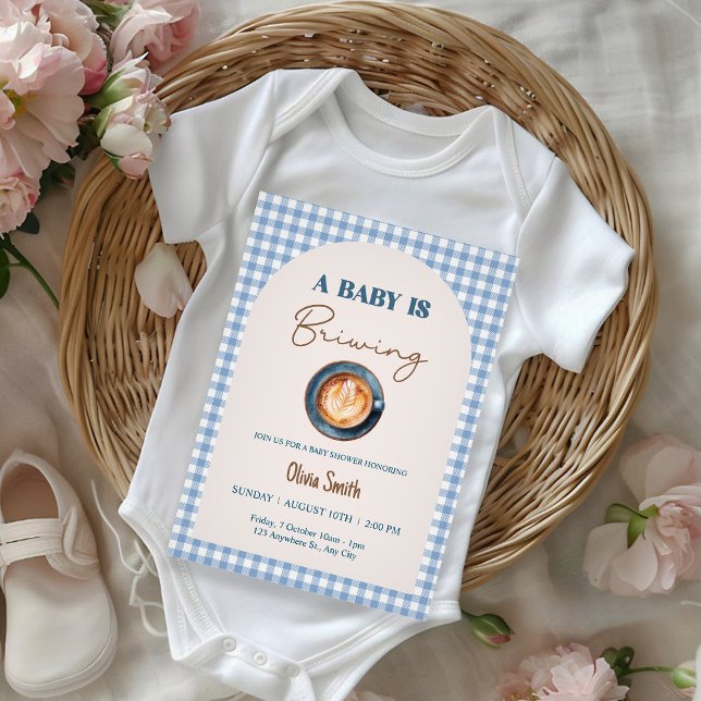 Convite Baby is Brewing Coffee Baby Shower Blue Gingham  (Criador carregado)
