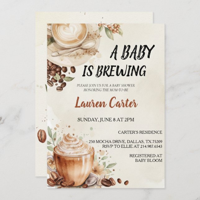 Convite Baby is Brewing! Coffee Bean Baby Shower (Frente/Verso)