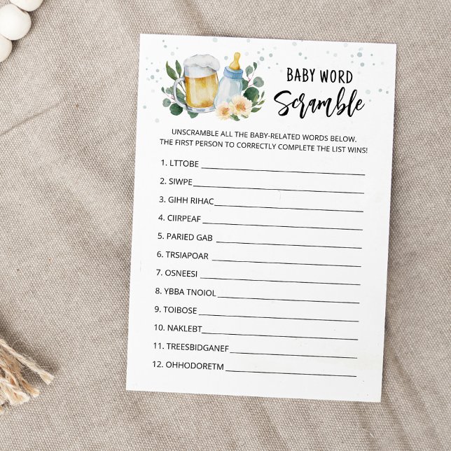 Convite  Baby Is Brewing Word Scramble Baby Shower Card (Beer Sage Green Baby Shower Baby Word Scramle Game)