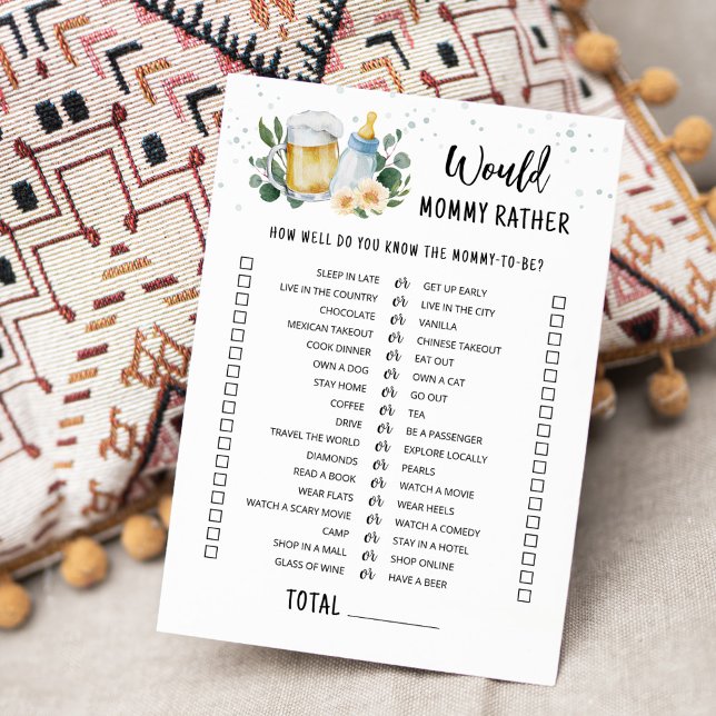 Convite Baby Is Brewing Would Mommy Rather Game Card (Beer Sage Green Baby Shower Would Mommy Rather Game)