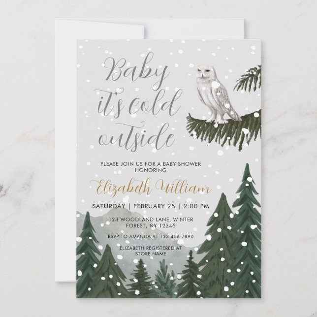 Convite Baby It’s Cold Outside Snowy Owl Baby Shower (Frente)