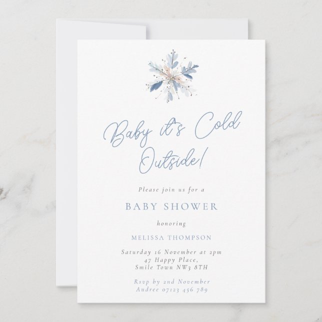 Convite Baby It's Cold Blue & White Snowflake Baby Shower (Frente)
