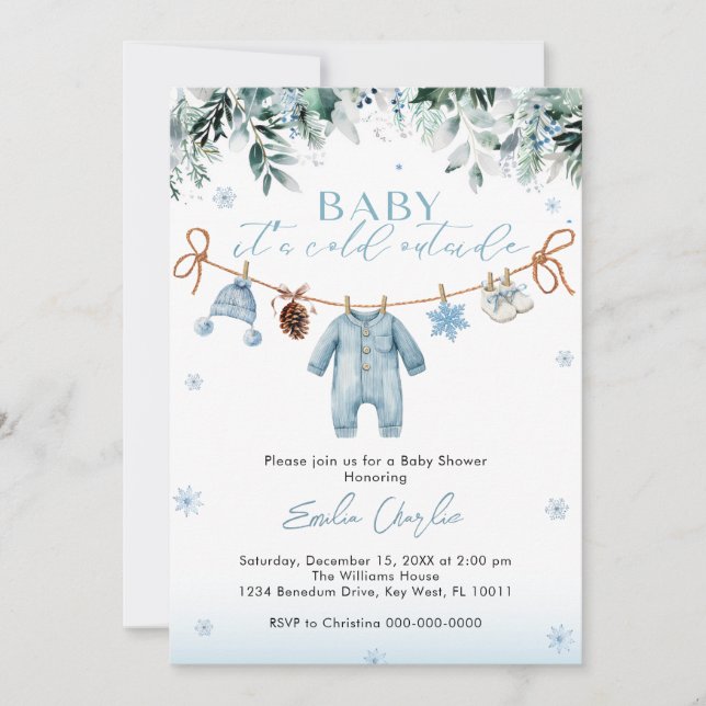 Convite Baby it's Cold Outside Blue Clothes  Baby Shower  (Frente)