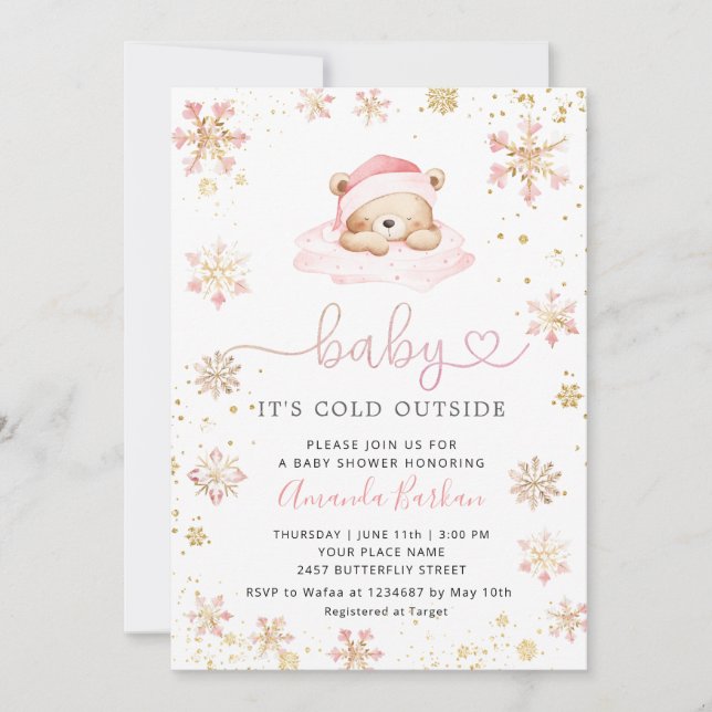 Convite Baby It's Cold Outside Boho Pink girl Baby Shower  (Frente)