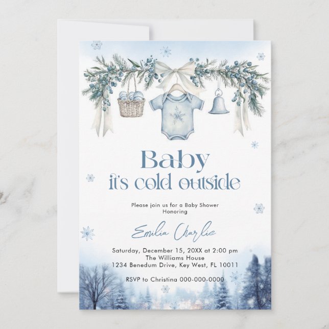 Convite Baby it's Cold Outside Boy clothesline Baby Shower (Frente)