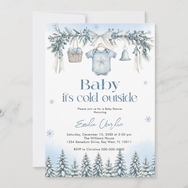Convite Baby it's Cold Outside Boy clothesline Baby Shower (Frente)