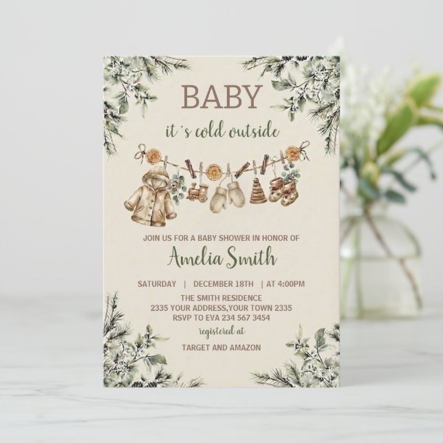 Convite Baby Its Cold Outside Clothest Line Baby Shower (Em pé/Frente)