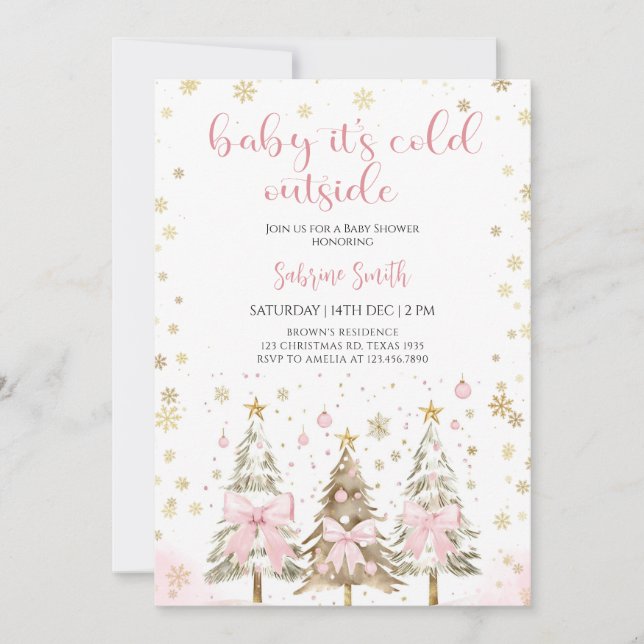 Convite  Baby it's Cold Outside Pink Bow Baby Shower  (Frente)